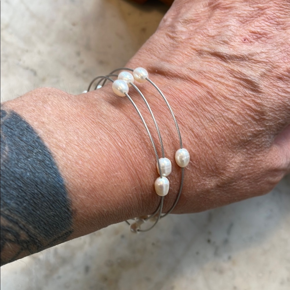 Elegant Trio: Freshwater Pearl & Coated Cable Wire Bracelet Set